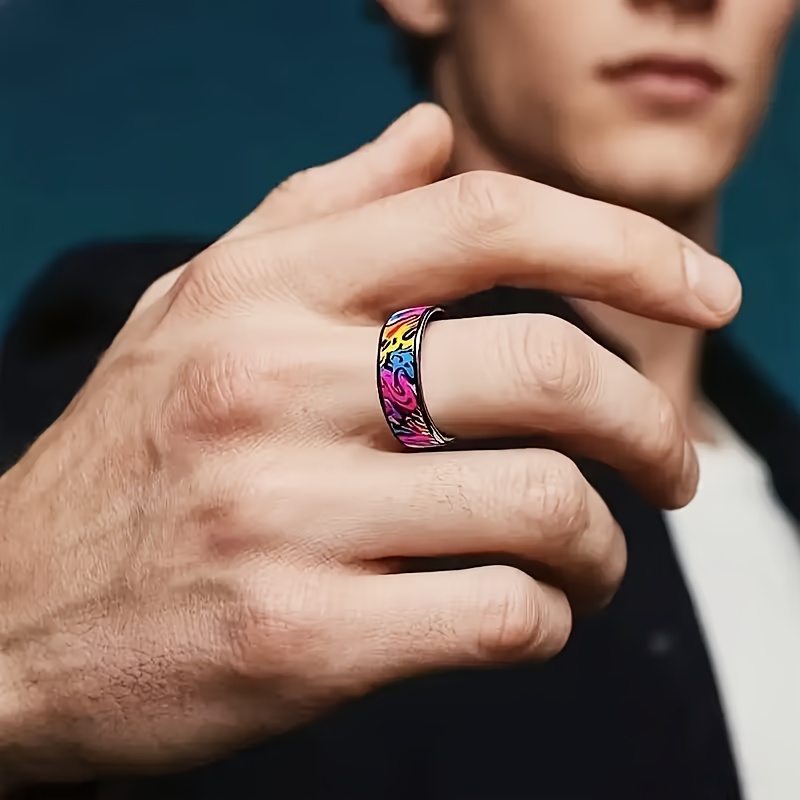 Women's 8mm Colorful Graffiti Inspired Stainless Steel Ring